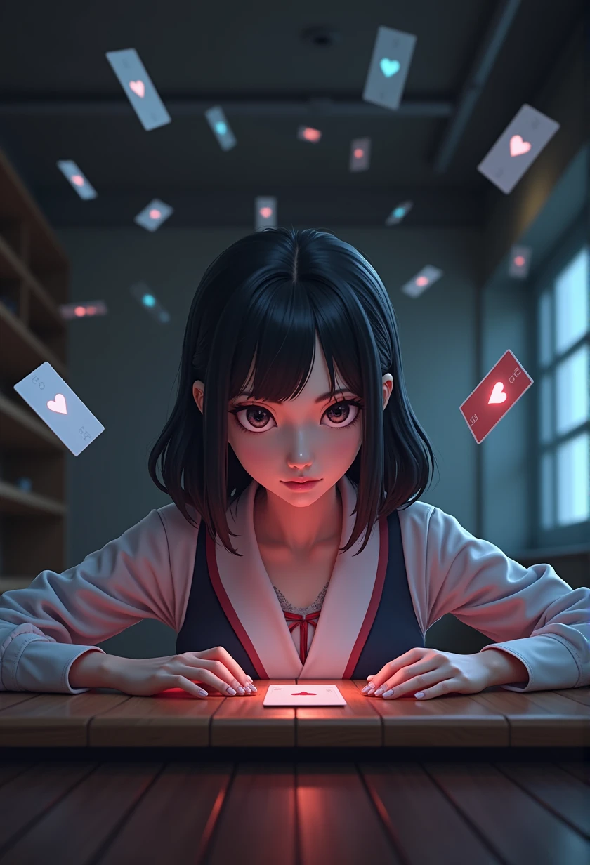 photo、Photorealistic、a Japanese psychic girl glaring at a table of ESP cards, detailed face, beautiful eyes and lips, long eyelashes, porcelain skin, elegant hairstyle, white school uniform, sitting at a table, intense expression, floating ESP cards, dramatic lighting, photorealistic, highly detailed, cinematic, vibrant colors, digital art.
Anime girl with long black hair and white shirt holding a glowing tablet, Realistic Anime 3D Style, Digital anime art, Gweiz-style artwork, detailed Digital anime art, Digital anime illustration, Anime Styled digital art, advanced anime digital art, Cyber Schoolgirl, Anime Style 4 k, Anime Style. 8k, Digital Art Ilya Kuvshinov