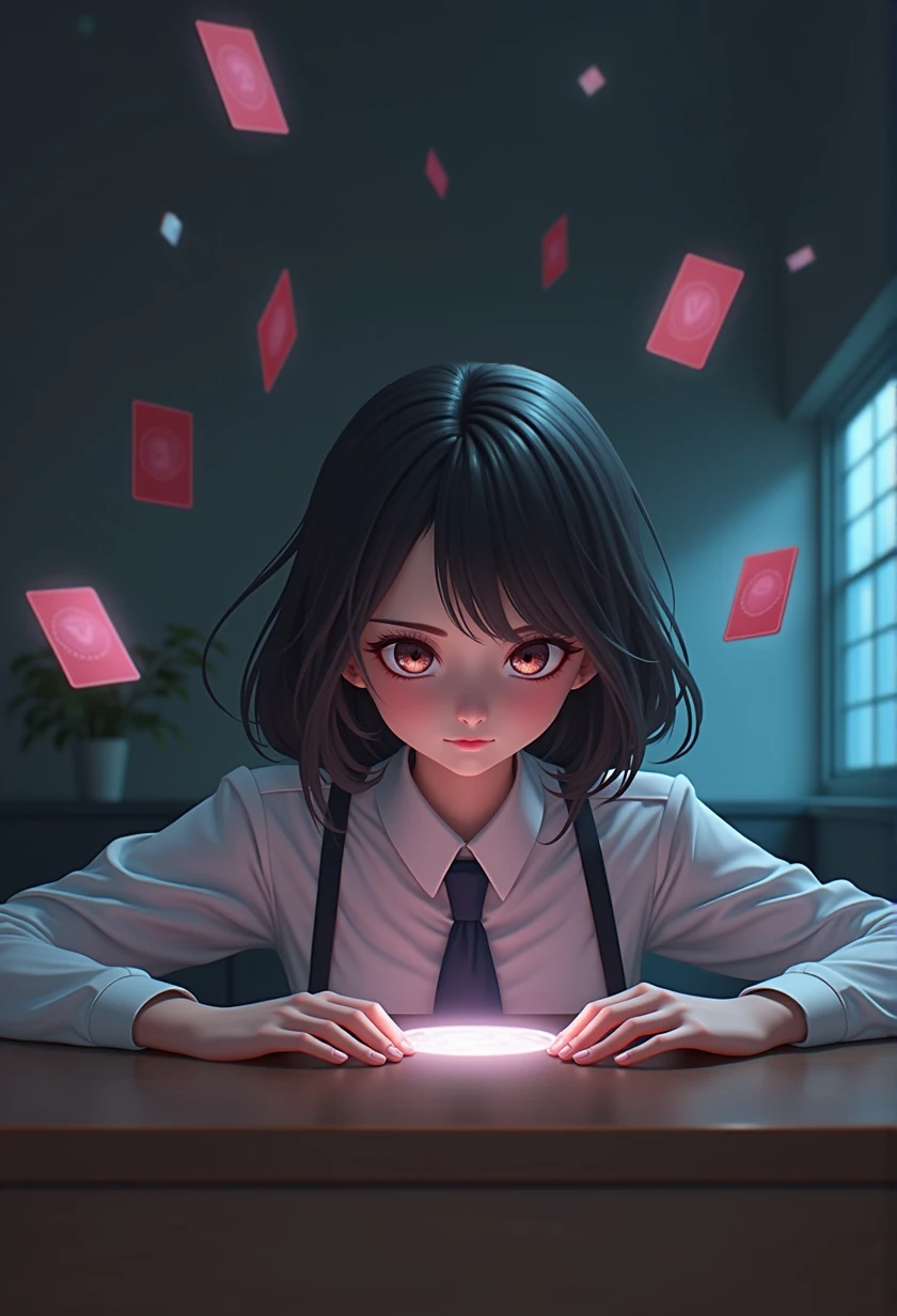 photo、Photorealistic、a Japanese psychic girl glaring at a table of ESP cards, detailed face, beautiful eyes and lips, long eyelashes, porcelain skin, elegant hairstyle, white school uniform, sitting at a table, intense expression, floating ESP cards, dramatic lighting, photorealistic, highly detailed, cinematic, vibrant colors, digital art.
Anime girl with long black hair and white shirt holding a glowing tablet, Realistic Anime 3D Style, Digital anime art, Gweiz-style artwork, detailed Digital anime art, Digital anime illustration, Anime Styled digital art, advanced anime digital art, Cyber Schoolgirl, Anime Style 4 k, Anime Style. 8k, Digital Art Ilya Kuvshinov