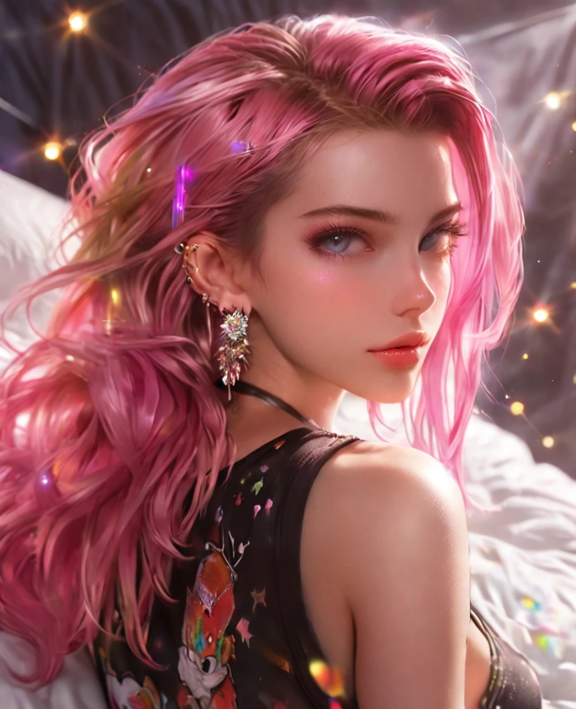 8K,gal，an extremely delicate and beautiful,Beautiful and realistic skin,Shiny jewel-like earrings,Bedhead,like glitter pink hair,,beautiful eyes,Fashion Model,full body,tanktop,shortshorts