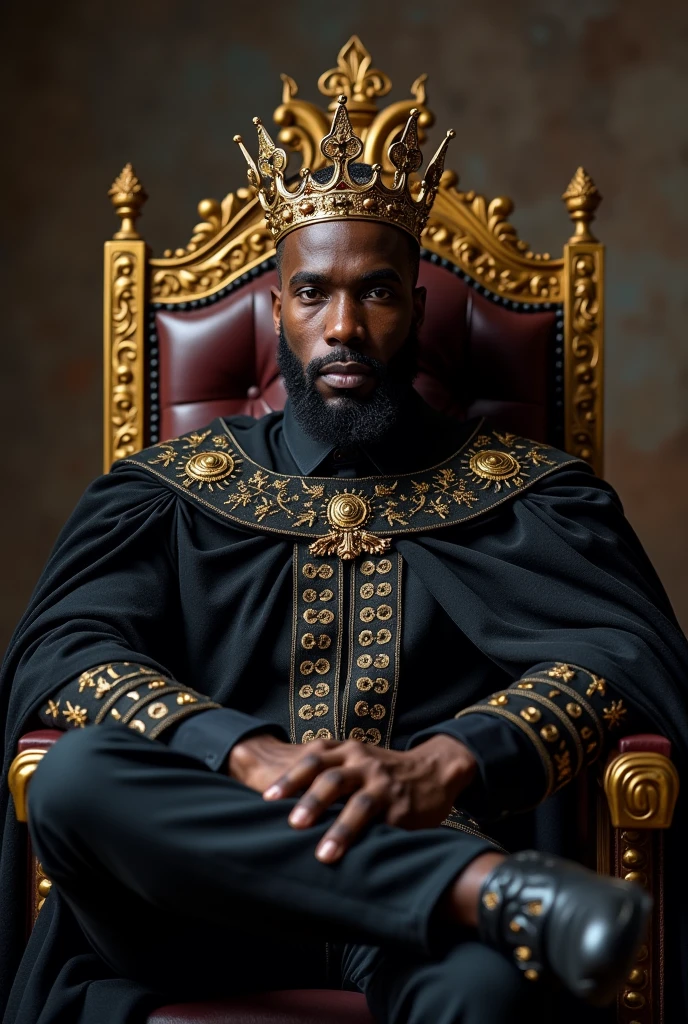 Black king sitting on throne wearing crown