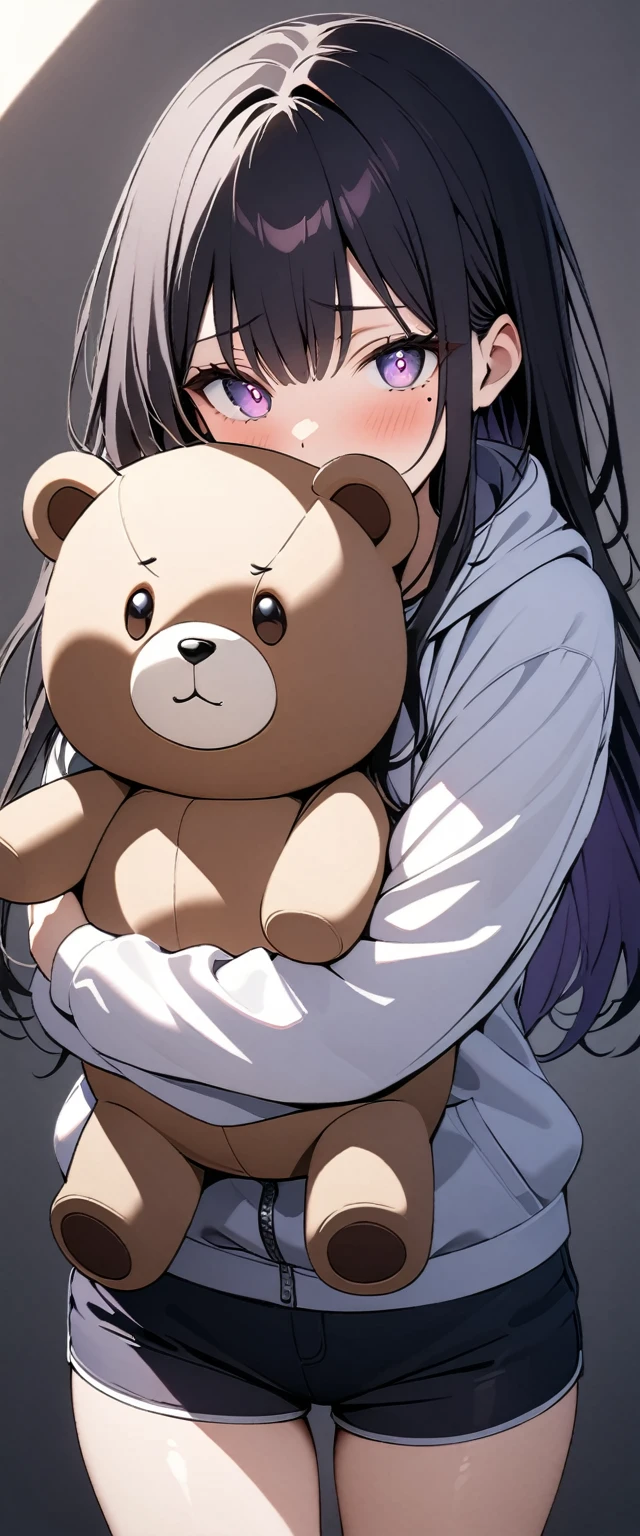 (Highest quality),(masterpiece), 8k,Very detailed, Detailed light, Best Shadow,Detailed reflective eyes, Very detailedな顔,Shiny Hair,(1 girl:1.2),woman,Gloss,Black Hair,Embarrassing,blush,Beautiful fingers,Beautiful Hands,whole body,Purple eyes,Glossの無い目,(power of eyes:1.2),(Medium length hair:1.2),thin,Mole under the eye,hoodie,Shorts,(Stuffed polar bear:1.2),(Big teddy bear:1.2),Hug a stuffed animal,(Watery eyes 1.2),