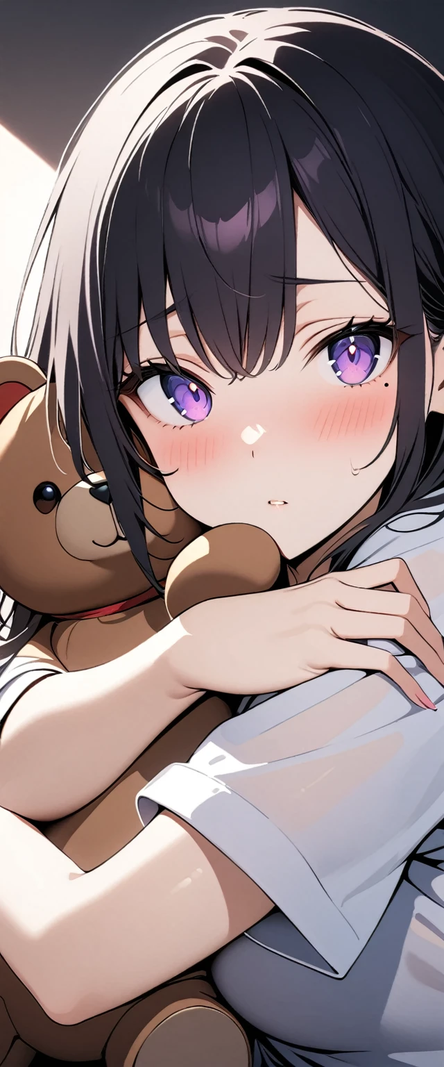 (Highest quality),(masterpiece), 8k,Very detailed, Detailed light, Best Shadow,Detailed reflective eyes, Very detailedな顔,Shiny Hair,(1 girl:1.2),woman,Gloss,Black Hair,Embarrassing,blush,Beautiful fingers,Beautiful Hands,whole body,Purple eyes,Glossの無い目,(power of eyes:1.2),(Medium length hair:1.2),thin,Mole under the eye,hoodie,Shorts,(Stuffed polar bear:1.2),(Big teddy bear:1.2),Hug a stuffed animal,(Watery eyes 1.2),