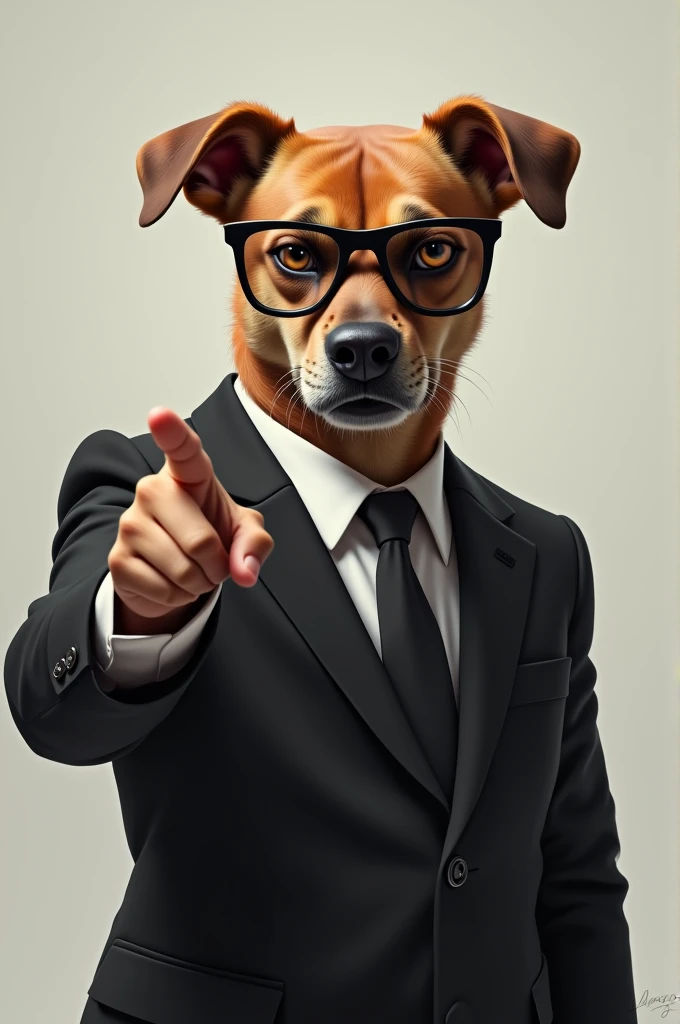 Angry face dag wearing spectacles with black blazer pointing finger saying you are grounded