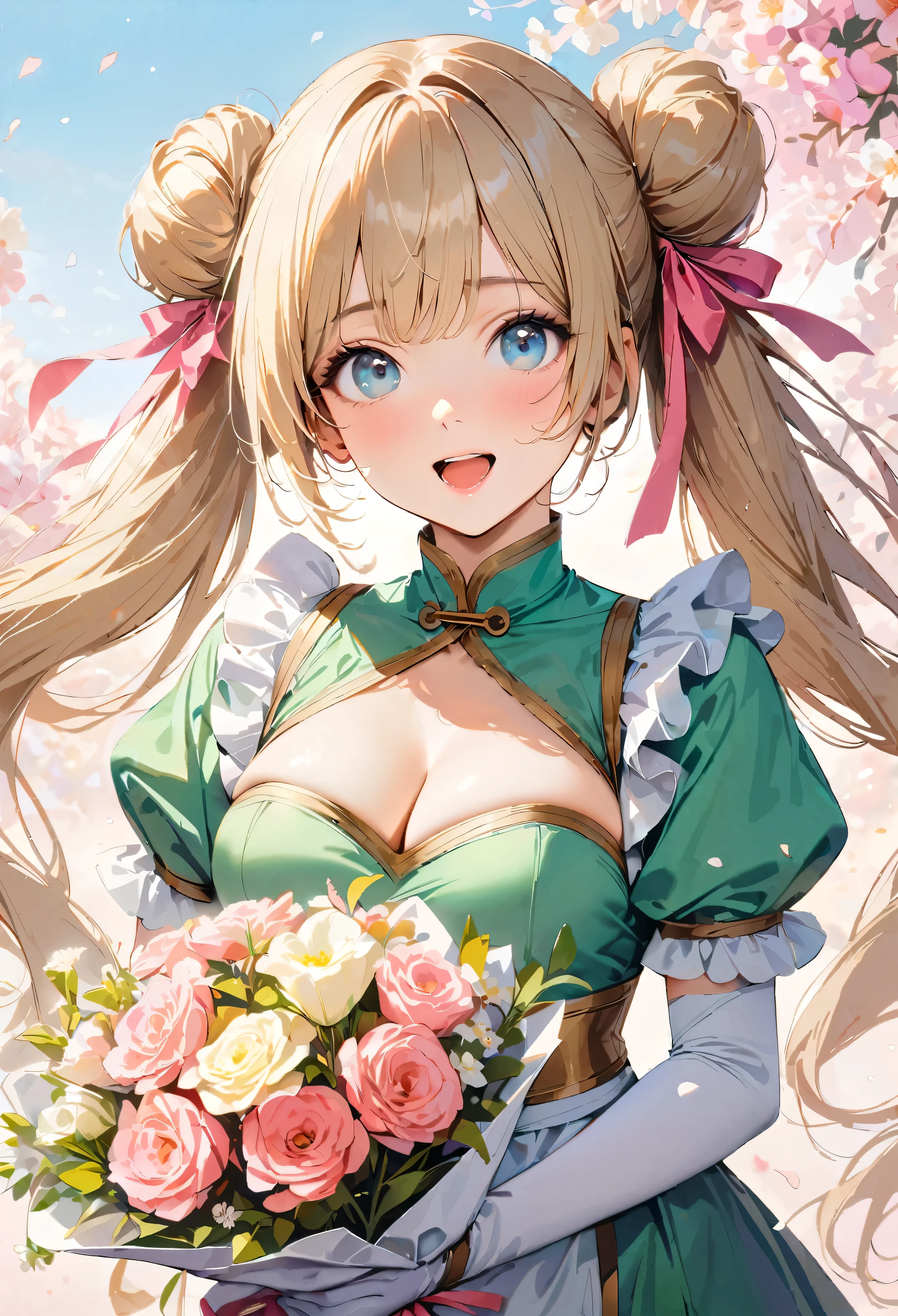 30 years old,One mature woman,Surreal, 8k, (extremely detailed 8k), (Very delicate and beautiful), (masterpiece), (Better Quality:1.0), (Ultra-high resolution:1.0), (masterpiece, Highest quality), cute,blonde,Cleavage cutout,(Bridge Suit:1.3),Glowing Skin,Twin tails,Twin van,Pink ribbon on head,Long Hair,Pastel green Chinese maid dress,Pastel green Chinese dress,White long gloves,bouquetを持つ,Your face and body are facing directly towards the camera,bouquet,throw,Bust Shot,White frills,Puff sleeves,Laughing with your mouth open,puppet,Sky blue eyes,Short Truffle Half Apron,A gold buckle around someone's neck,White corset,Pink Background