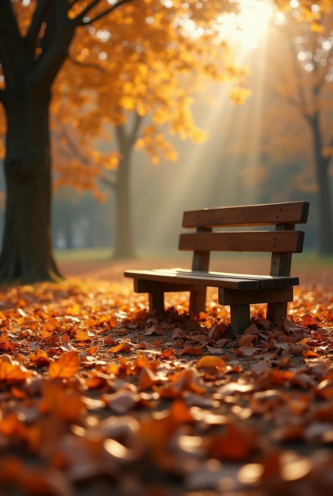 A stunning photo of summer view, a bench with lots of dry brown leaves on the ground, zoom the image from the below on the ground, low lighting, masterpiece, highly-detailed, ultra-sharp.