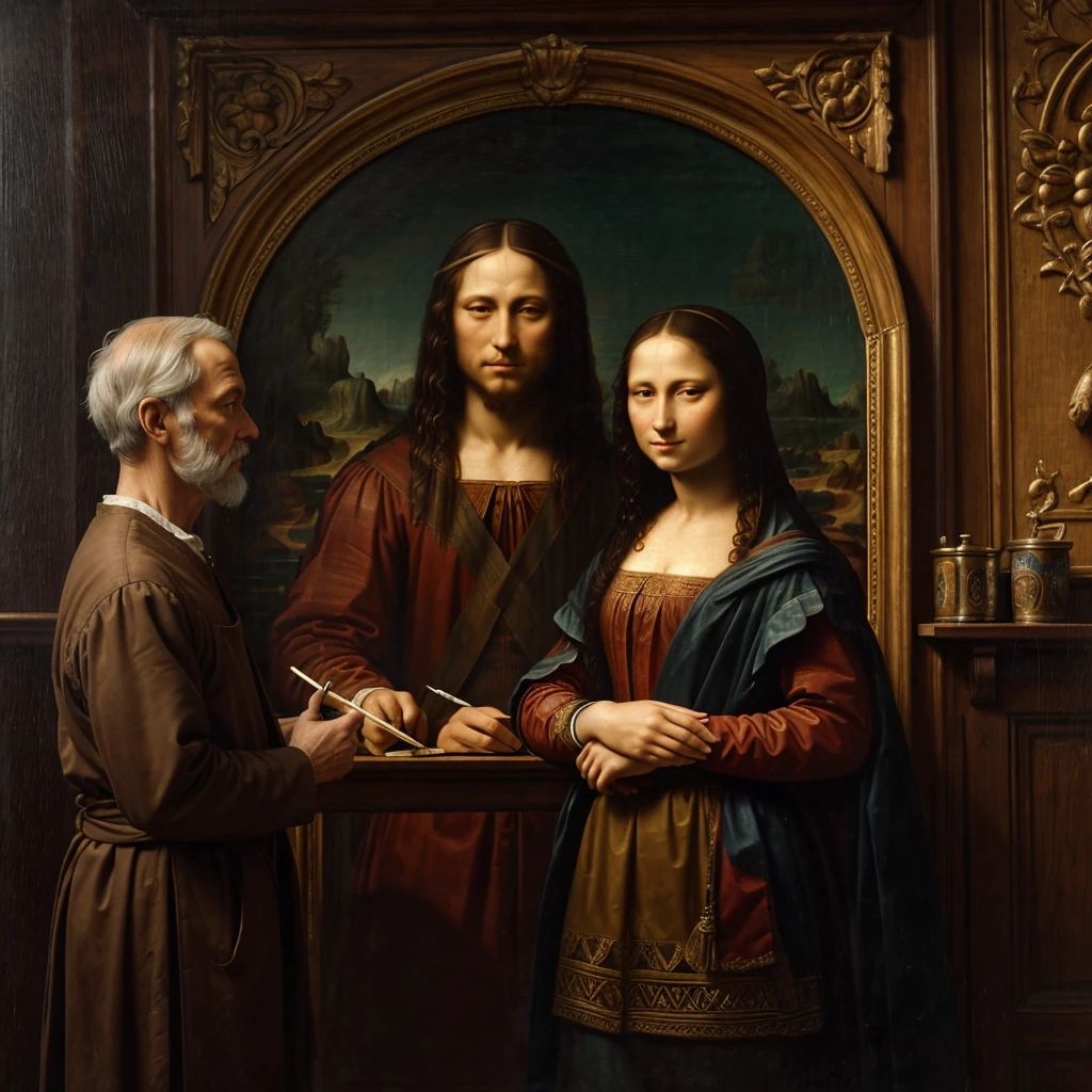 

Scene with two characters, an old man and a woman. Draw this scene in a Renaissance studio softly lit by natural light. In the center of the scene, Mona Lisa stands in front of a large painting. She is wearing a painting apron and is holding a paintbrush., applying paints to the canvas. Her dark hair falls softly over her shoulders, and she is focused on creating a portrait of Leonardo da Vinci.

Leonardo da Vinci sits in a tall carved wooden chair, observing the work of Mona Lisa with an expression of wisdom and tranquility. He has a long white beard and a look of pride and patience., reflecting respect and admiration for the young artist.

The environment should reflect the Renaissance atmosphere with rich tapestries on the walls and shelves full of books and scrolls.. The soft light coming through the arched windows should create an ethereal effect in the scene., highlighting the interaction between the two artists.

---