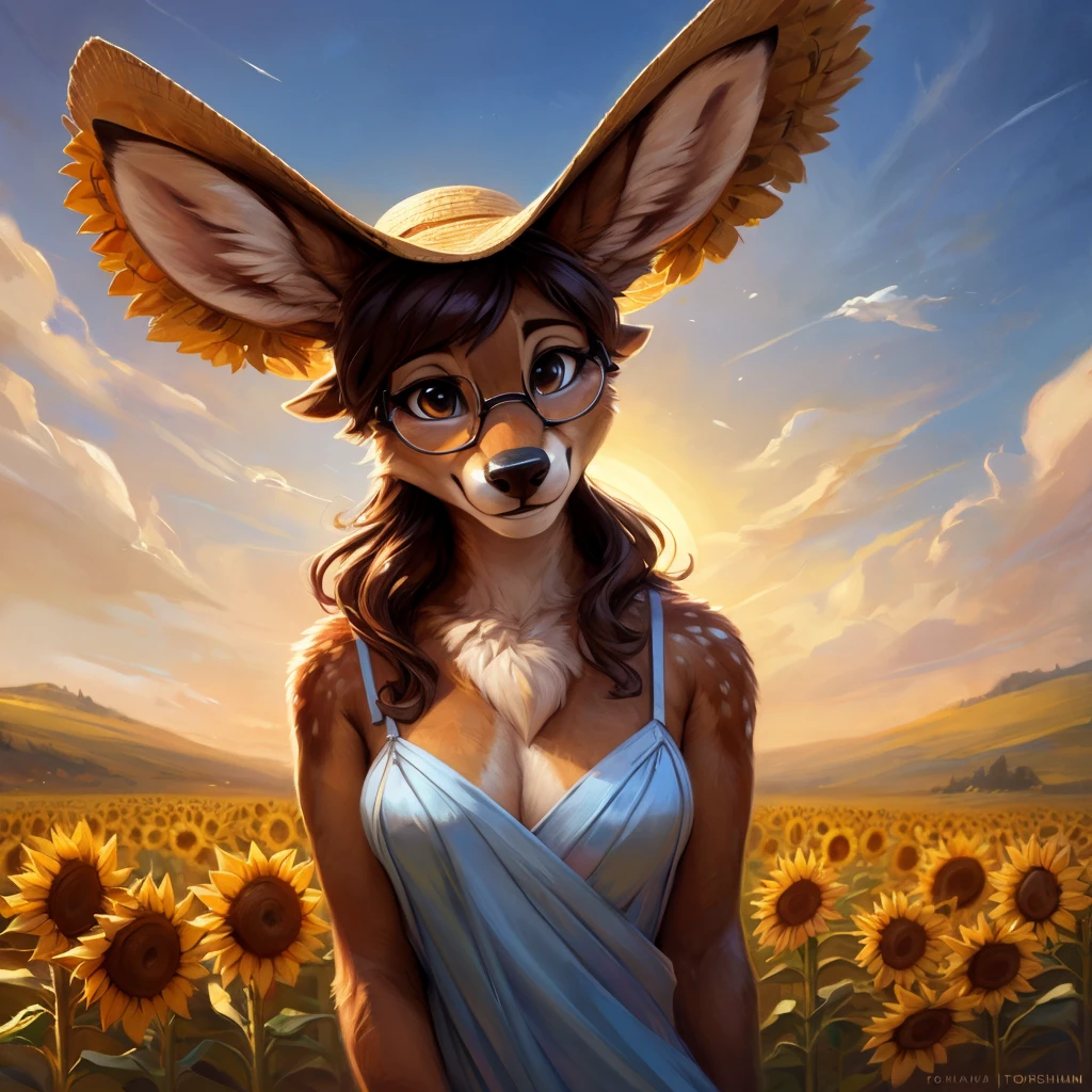 uploaded on e621, artstation, by Pixelsketcher, by Bayard Wu, by Thomas Benjamin Kennington , by Einshelm, by hioshiru and kenket, Chunie, portrait, solo anthro female deer doe, with small featureless breasts, clear dark blue, cinematic lighting, day, sunny day, sunflower field, stands in a high sunflower field, sunflower field background, sunflowers, mediterranean background, horizon background, shiny, chin short curly dark brown hair, wears big black nerd glasses, very very beautiful furry art, furry art, smiling, joyful, shiny, happy, feminine, cute face, muzzle, fluffy chest, flawless face, Fallow deer, 1girl, Sakimichan is beautiful, Masterpiece, Wavethesallow Face, shiny, Detailed image, portrait, Detailed image, portrait, full body, wears pure white and wide spaghetti straps dress, wears big and wide beige summer straw hat, shiny, realistic face, perfect anatomy, hourglass body, (furry body:1.1), anthropomorphic deer, detailed background, (cute anatomy:1.1)
