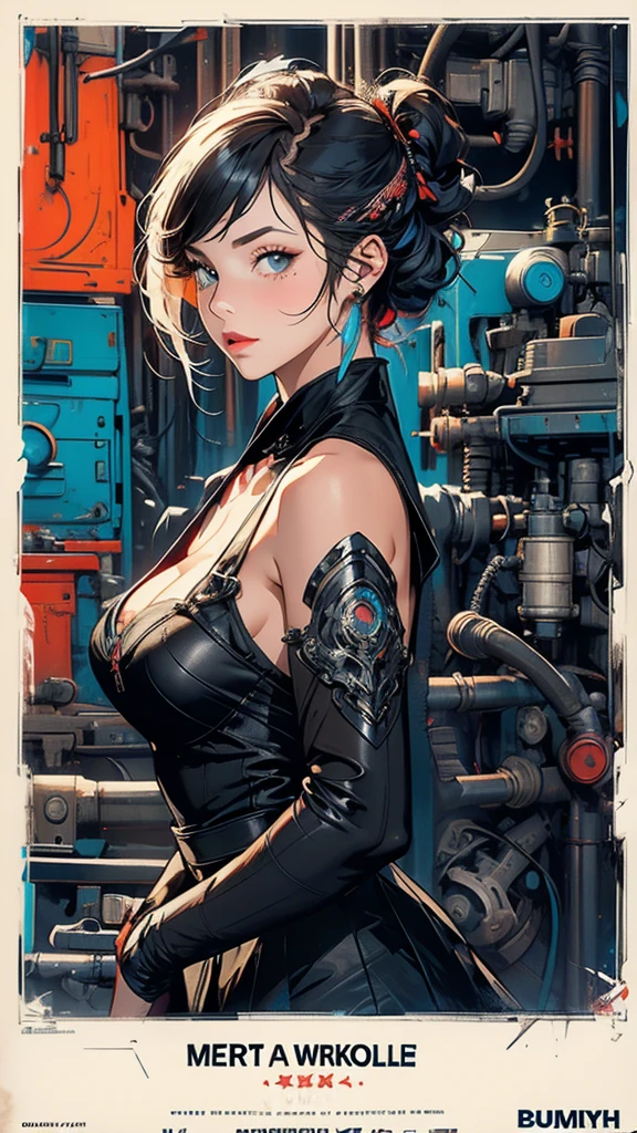 (((masterpiece, highest quality))),(((solo:1.2))),(((1girl:1.2))),32k wallpaper, very detailed, poster, vintage science fiction,(((((geometric cinematic movie poster))))), (bauhaus), shape,(((abstract))),(mid century modern),movie poster,(((((portfolio))))),(((((Close-up))))),(((((bust up))))),((((more various angle)))),(((highlight))),Vast landscape,((((heterochromia)))),(((complete. detailed face))),(((Extremely talented))),(((((most complecated machine))))),Colorful color scheme,(Cleavage),(((((unlimited mechanic Workaholic)))))