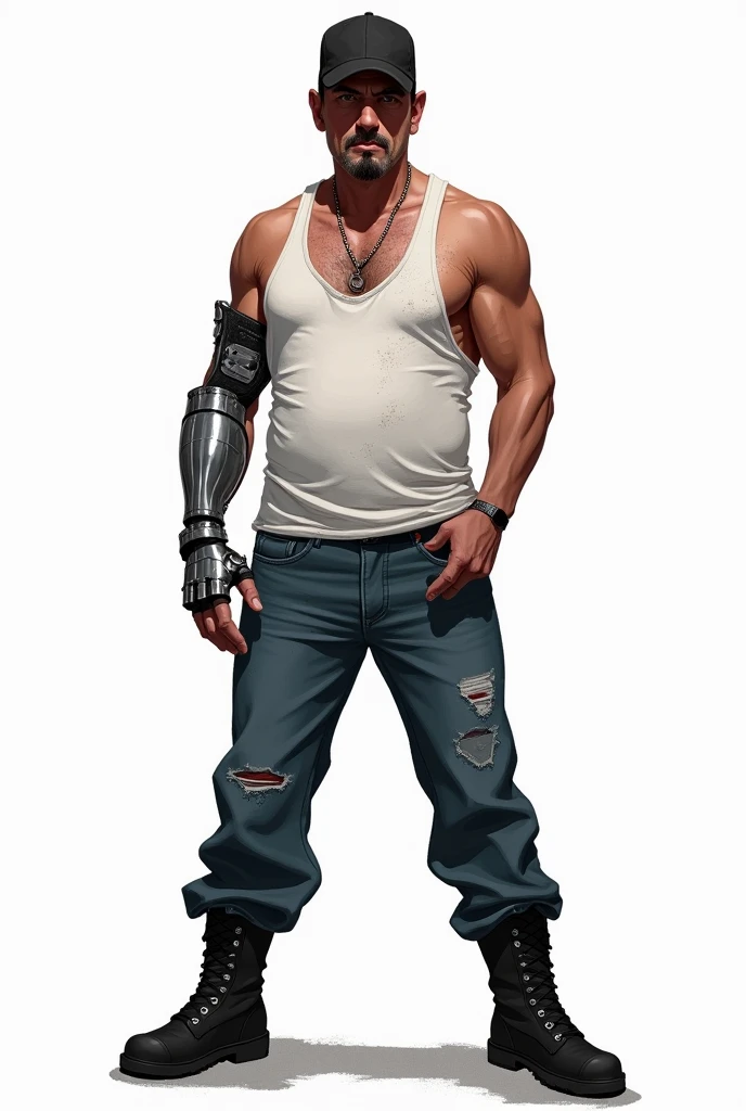 drawning, sharp colors, one men, zombie apocalypse style, 30years, short stature, stark, black goatee, Black cap, white tank top, blue jeans, Black boots, a prosthetic left forearm in place of a silver-plated hand, Furiosa, white background, fully body