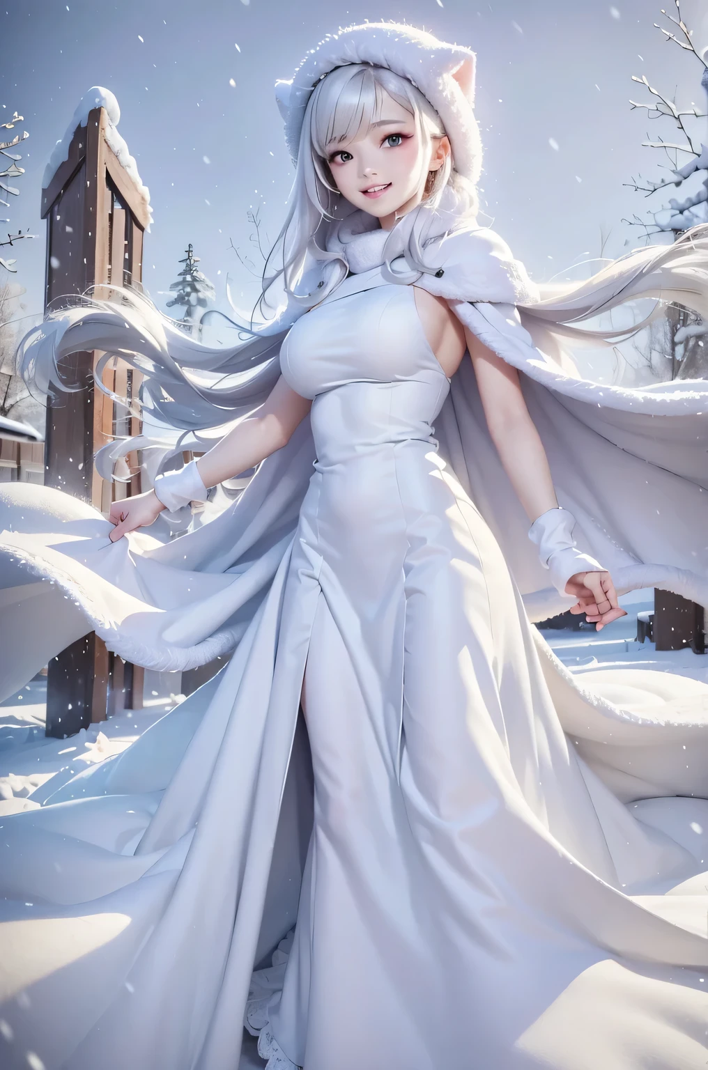 masterpiece、Highest quality、1 girl, winter, white hair, Cute girl, smile, close mouse, medium breasts, sideboob, white dress, winter clothes, long skirt, Fur coat、Small waist、Thin legs、outdoors, snow falling