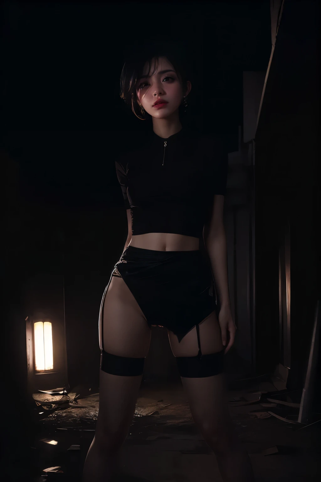 (((in the pitch-dark, high contrast lighting))), ((round face, showing off masturbation, pubic hair, hit her crotch against the pipe, panties, large areolas)), blouse, earrings, very short hair, (((abandoned dim factory))),
