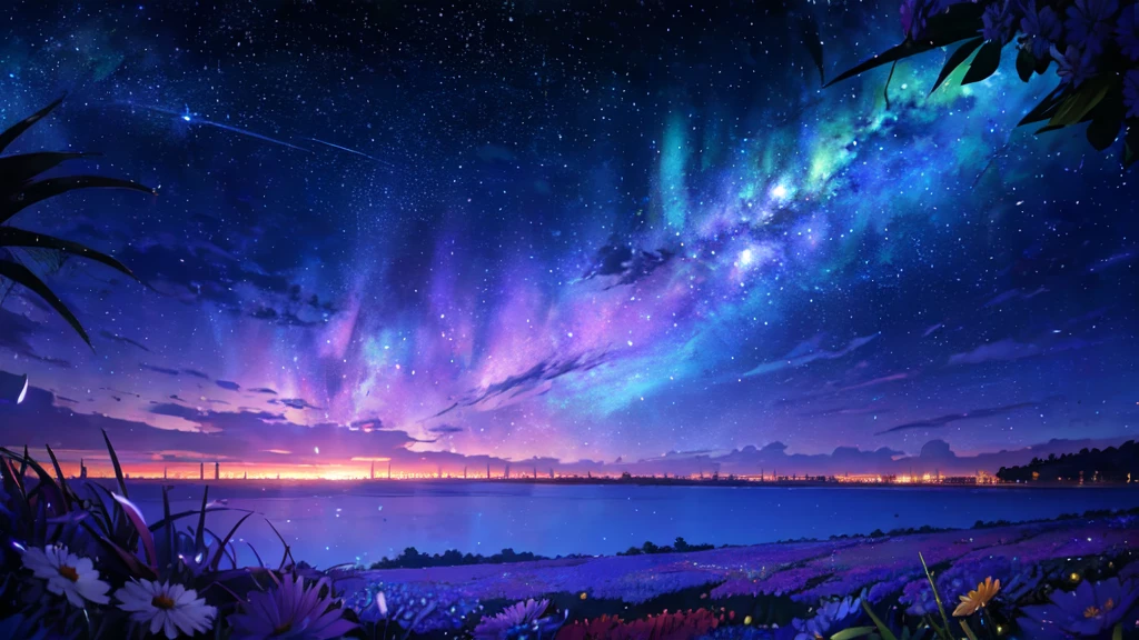 "tmasterpiece，top Quority，offical wallpaper，winning artwork，Top-down view，Aftershadow，In a sea of flowers，Stargazing，As estrelas，meteors，Colorful shooting stars, an beautiful，4K"