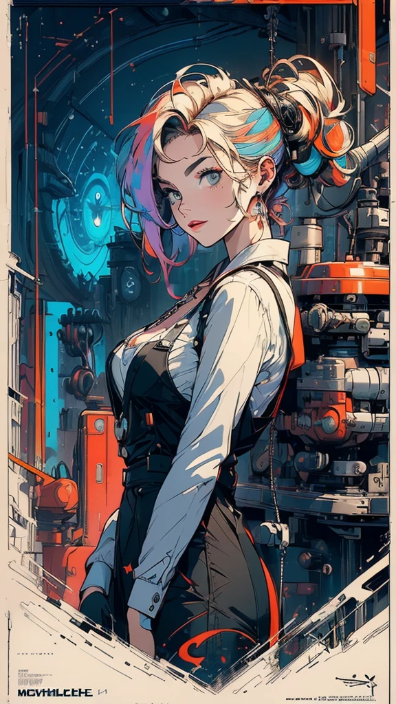 (((masterpiece, highest quality))),(((solo:1.2))),(((1girl:1.2))),32k wallpaper, very detailed, poster, vintage science fiction,(((((geometric cinematic movie poster))))), (bauhaus), shape,(((abstract))),(mid century modern),movie poster,(((((portfolio))))),(((((Close-up))))),(((((bust up))))),((((more various angle)))),(((highlight))),Vast landscape,((((heterochromia)))),(((complete. detailed face))),(((Extremely talented))),(((((most complecated machine))))),Colorful color scheme,(Cleavage),(((((unlimited mechanic Workaholic)))))