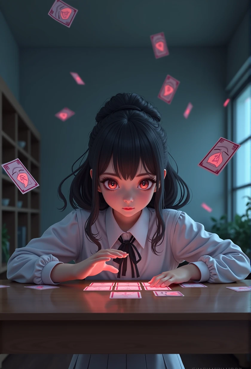 photo、フォトリアリスティック、a Japanese psychic girl glaring at a table of ESP cards, detailed face, beautiful eyes and lips, long eyelashes, porcelain skin, elegant hairstyle, white school uniform, sitting at a table, intense expression, floating ESP cards, dramatic lighting, photorealistic, highly detailed, cinematic, vibrant colors, digital art.