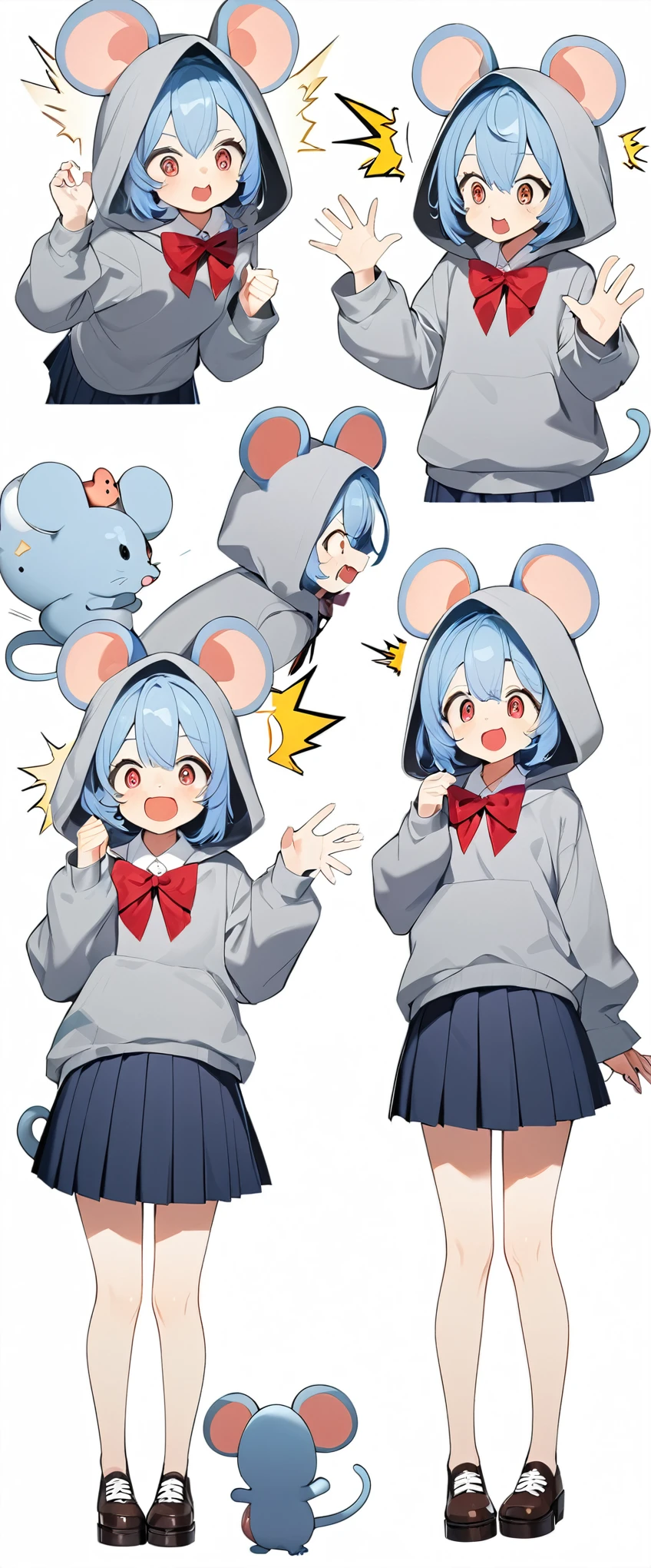 ((1girl)), full body, Blue Hair Girl, Hoodie with hood, {gray hoodie, hood up,Hood with big mouse ears},, {White collared shirt, Red bow tie},dark blue pleated skirt, smile, Simple Background, White background、Surprised expression、Put your hand over your mouth
