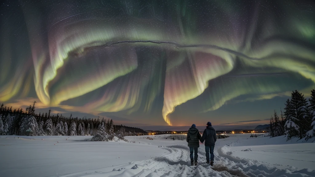 Northern Europe，Winter after heavy snowfall，thick snow，Silhouette of a man and woman holding hands，Starry Sky，destructive，((Green Northern Lights))，Standing in the snow，Gaze at the stars, A small forest in the distance，silhouette of a person，Green Northern Lights，Shooting stars cross the sky，Star-filled sky，Starry Skyの下の夜, Starry Sky 8k, Starry Skyの夜, Gaze at the stars, 夜にGaze at the stars, There is a Milky Way in the sky, Star-filled sky, Lost in the vast universe, Night Sky Photos, Gazing into space，Ultra Wide Angle，Looking up at the camera，Panoramic View，Character Side