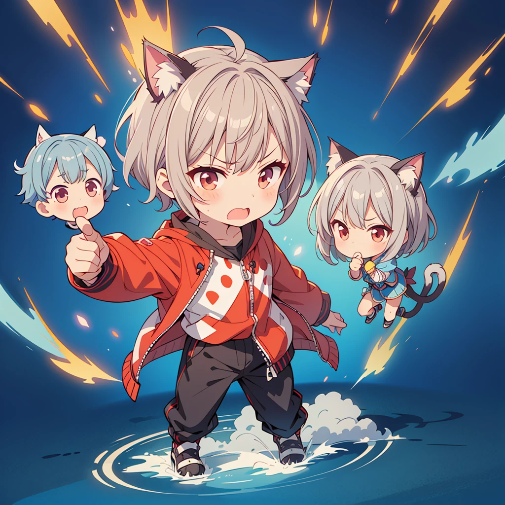 (chibi:1.3),(Get angry),Full body pointing,masterpiece, A world where magic and technology coexist, Cat Eared Man(Gray Hair, short hair) ,(boy),Hone your skills,Let's go on a journey to uncover the secrets of power., Beautiful Eyes,depicted in detail. The magician makes the most of the potential of his abilities.,We must learn how to unlock the true potential of modern magic,masterpiece, Cat Eared Man,Gray Hair, short hair),depicted in detail,