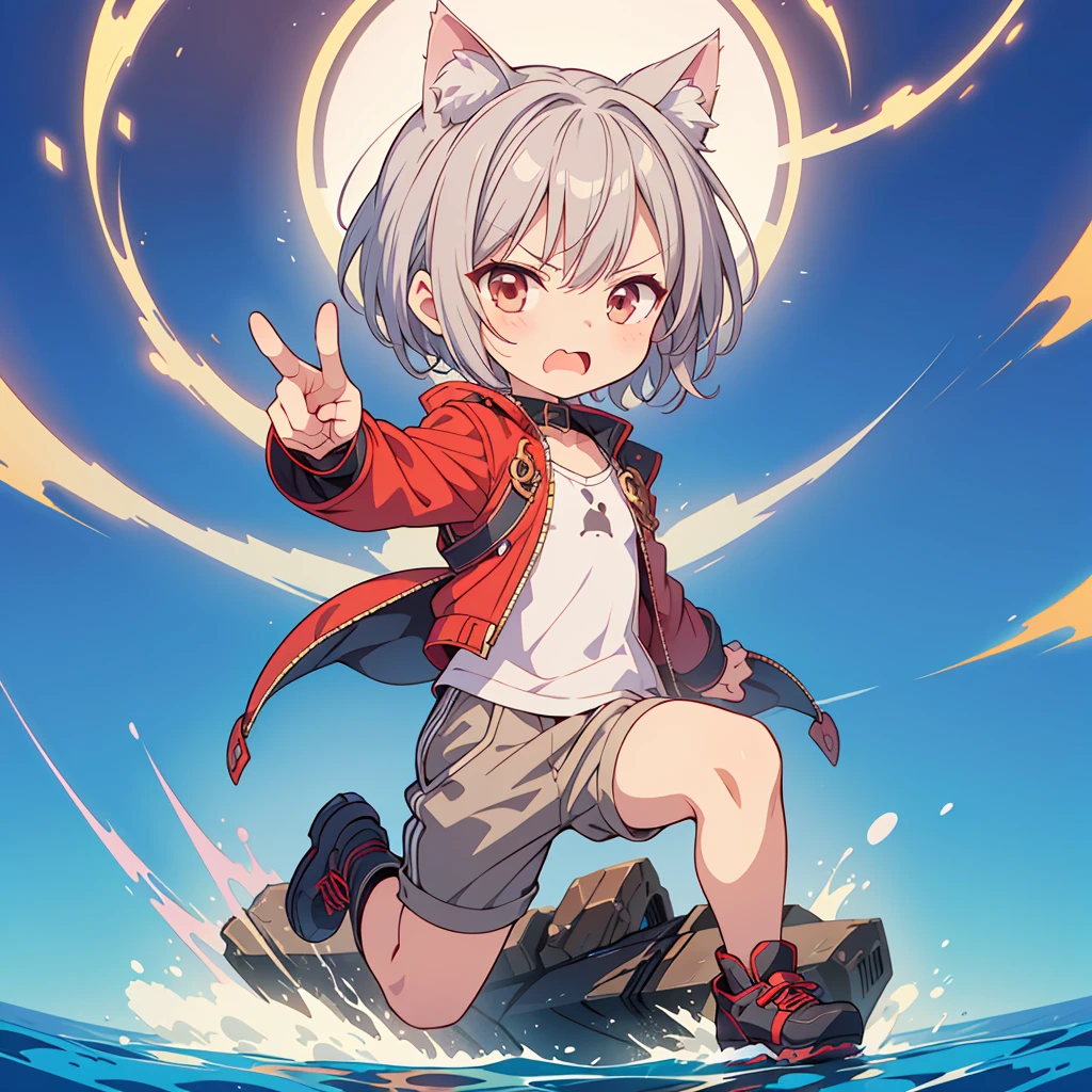 (chibi:1.3),(Get angry),Full body pointing,masterpiece, A world where magic and technology coexist, Cat Eared Man(Gray Hair, short hair) ,(boy),Hone your skills,Let's go on a journey to uncover the secrets of power., Beautiful Eyes,depicted in detail. The magician makes the most of the potential of his abilities.,We must learn how to unlock the true potential of modern magic,masterpiece, Cat Eared Man,Gray Hair, short hair),depicted in detail,
