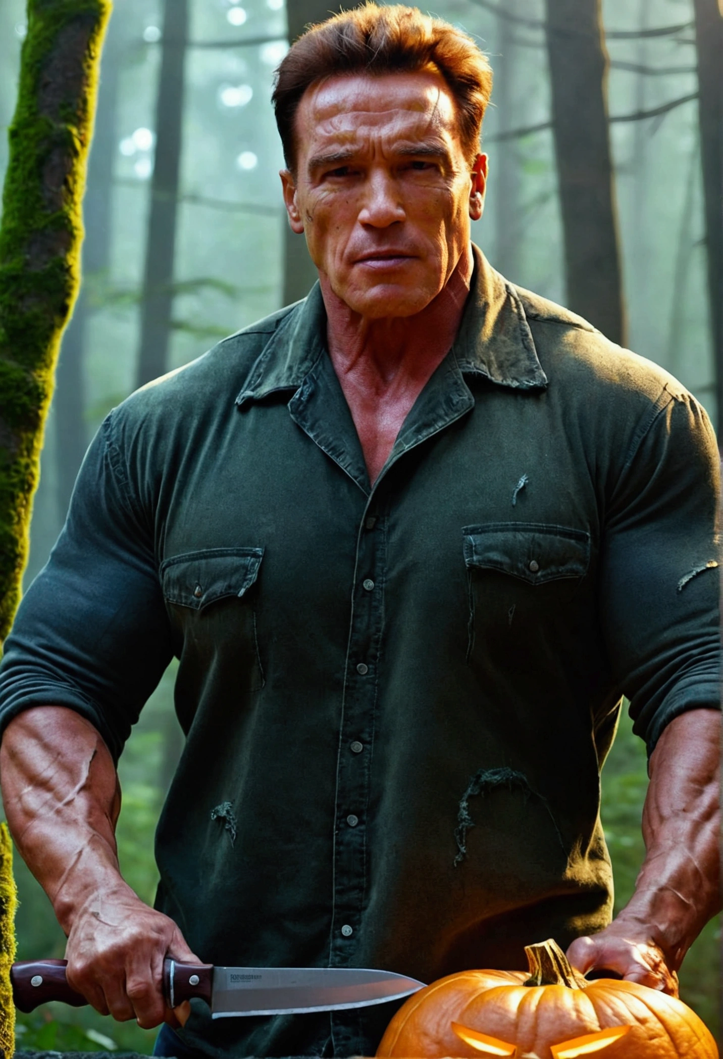 A muscular Arnold Schwarzenegger, detailed face, Penetrating light, Holding a large knife, Face the pumpkin-headed monster, Moss forest background, Torn and worn clothes, brave,incredible light, Horror atmosphere, cinema,realistic,photorealistic,Highly detailed,4K