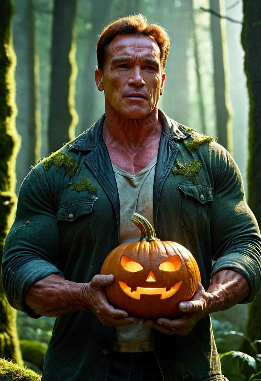 A muscular Arnold Schwarzenegger, detailed face, Penetrating light, Holding a large knife, Face the pumpkin-headed monster, Moss forest background, Torn and worn clothes, brave,incredible light, Horror atmosphere, cinema,realistic,photorealistic,Highly detailed,4K