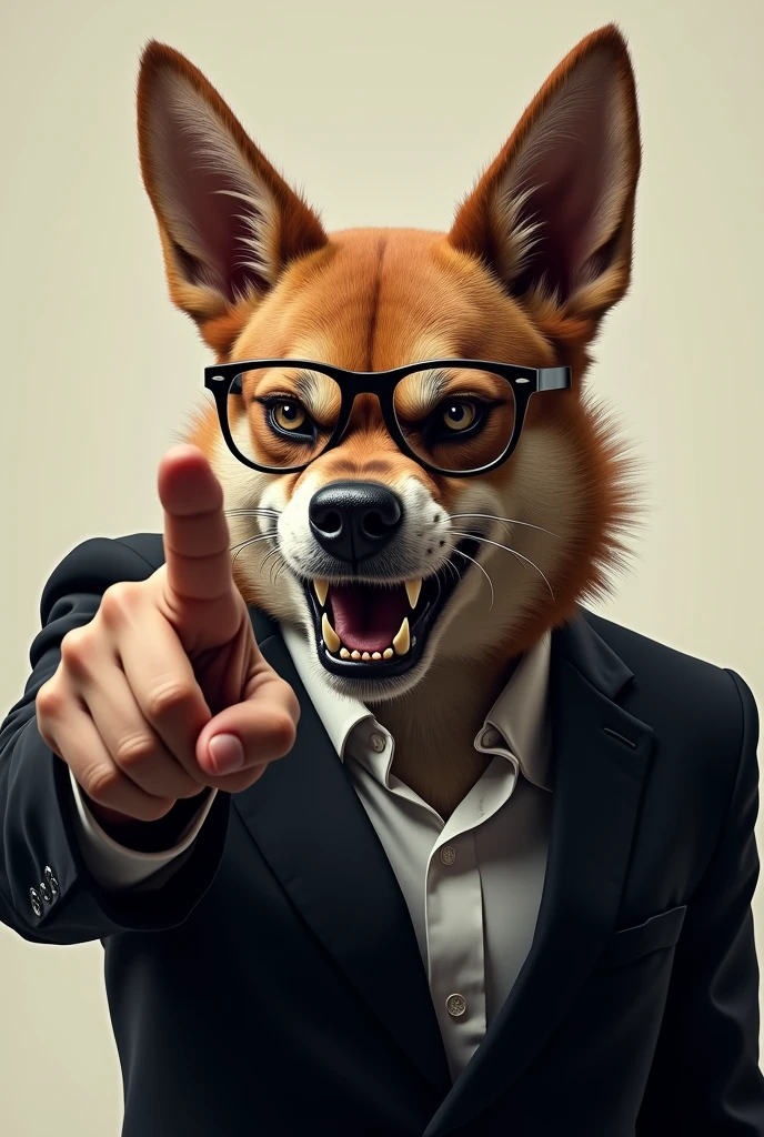 Angry face dag wearing spectacles with black blazer pointing finger saying go out
