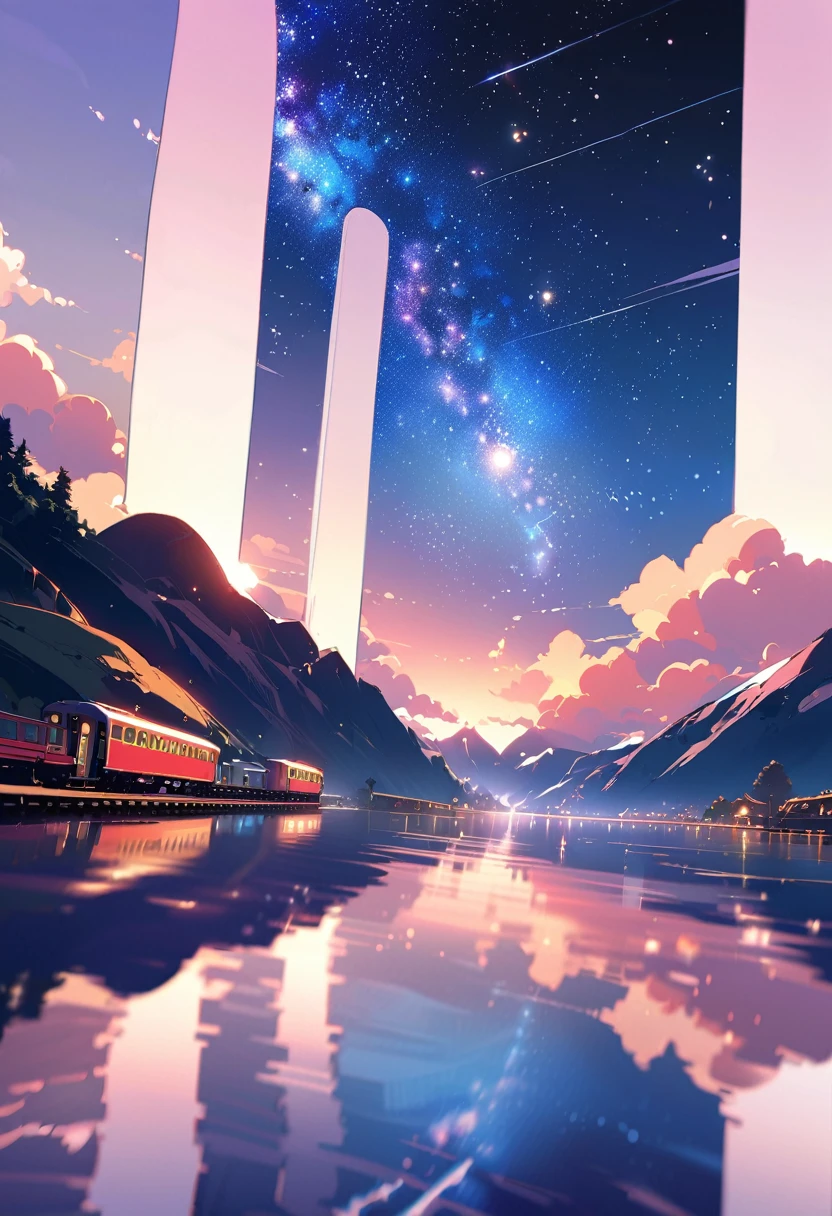 masterpiece, Animated train passing through water on the tracks, Bright starry sky. Romantic Train, Photo by Makoto Shinkai, Pixiv, Concept Art, Lofi Art style, reflection. by makoto shinkai, Lofi Art, Beautiful anime scene, Anime scenery, Detailed Landscape — Width 672, in Makoto Shinkai's Style, Makoto Shinkai's Style, Enhanced Details.