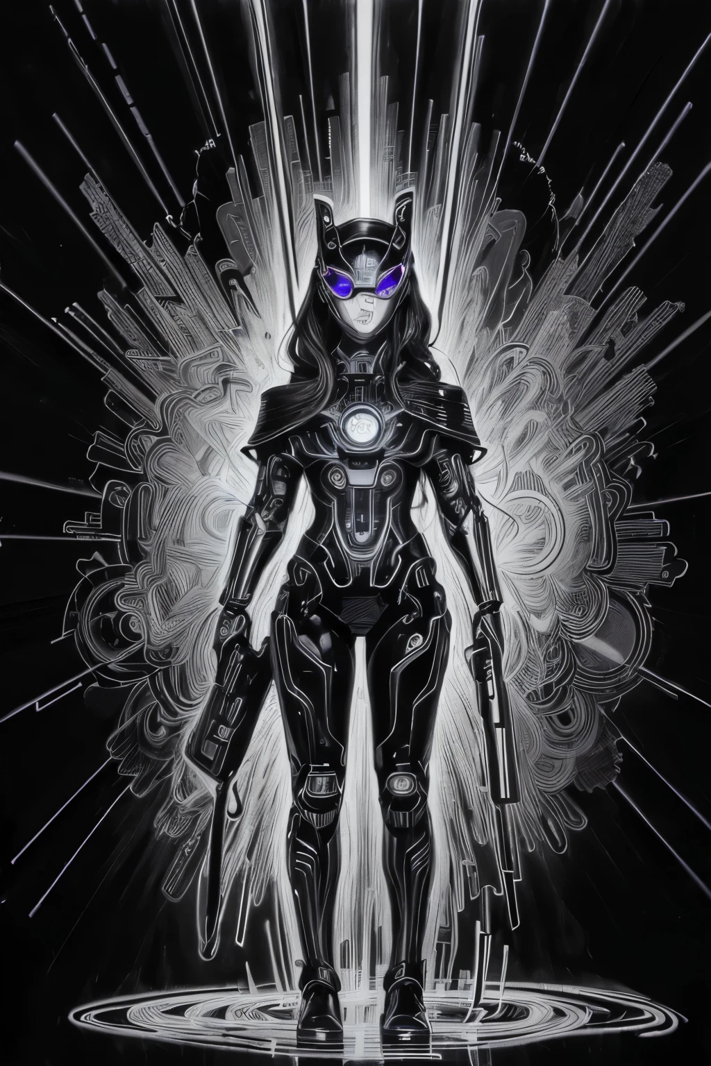 (outline de personagem:1.1),(Charcoal drawing:1.2),outline,(Drawing pencil:1.3),Charcoal Painting Style,Black and white metal,outline de personagem, high resolution, 1woman, standing alone, (face detailed), KDA,bioluminic, Black and white metal galactic cybernetic mask, (abstracted, Faça o outline de um robô com alta tecnologia:1.5), Partial description, sh4g0d,