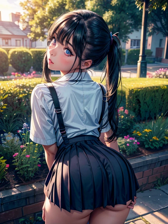 a schoolgirl bending over, panty visible, beautiful detailed eyes, beautiful detailed lips, extremely detailed face, long eyelashes, slim body, pigtails hair, school uniform, outdoor garden scene, photorealistic, 8k, (best quality:1.2), ultra-detailed, (realistic:1.37), vivid colors, natural lighting, beautiful scenery, intricate details, elegant, dynamic pose, ass view