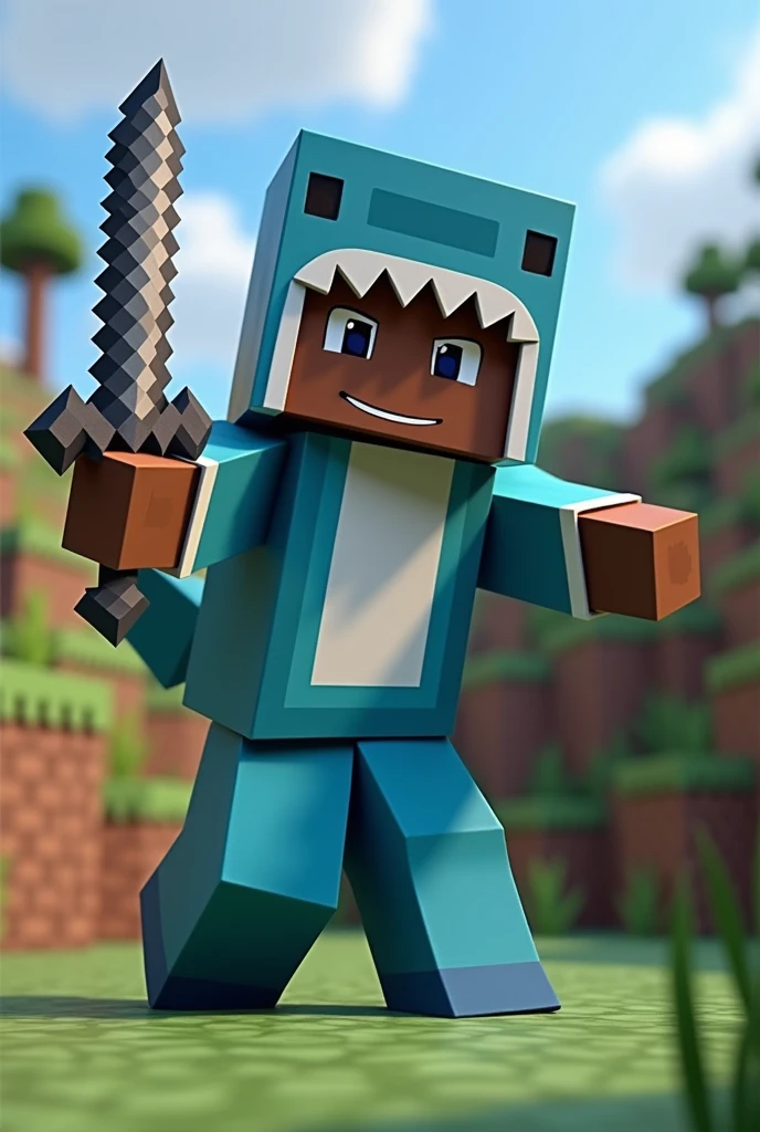 A Minecraft character, with a shark costume, with chocolate skin, with blue pants, with a blue shoe, Minecraft background,  Posing for a photo, with realism, with an iron sword in his hand, Looking at screen, with a smile 