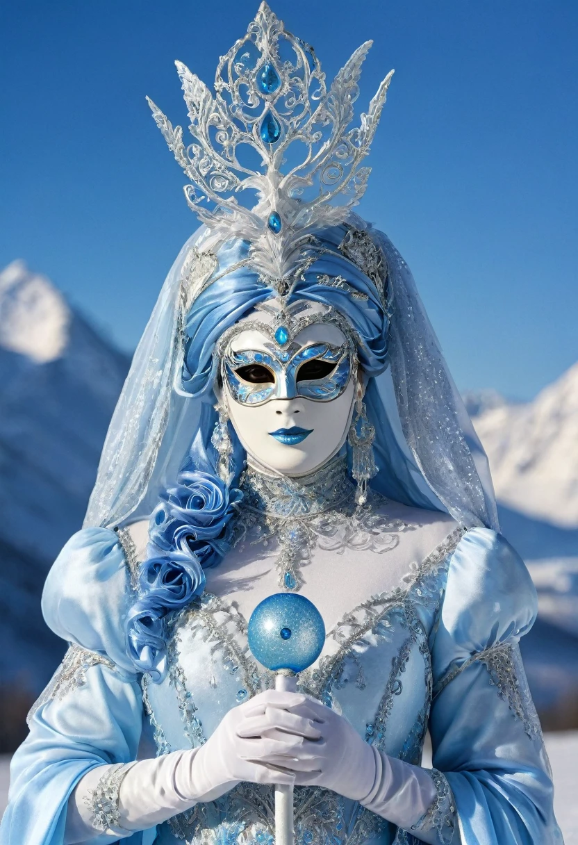 "Frostwitch Isis, wearing a Venetian mask adorned in white, blue, and gold, exuding an air of regal coldness. Her hands are elegantly encased in long, white satin gloves that are semi-transparent and shimmer with a rainbow hue when light touches them. Isis is dressed in a shimmering ice-blue gown, adorned with silver accents that resemble frost patterns. In her hand, she holds a staff topped with a glowing Frozen Orb that radiates a chilling aura. The background features a winter landscape with snow-covered mountains and an ethereal glow, capturing the mystical and icy essence of her presence."