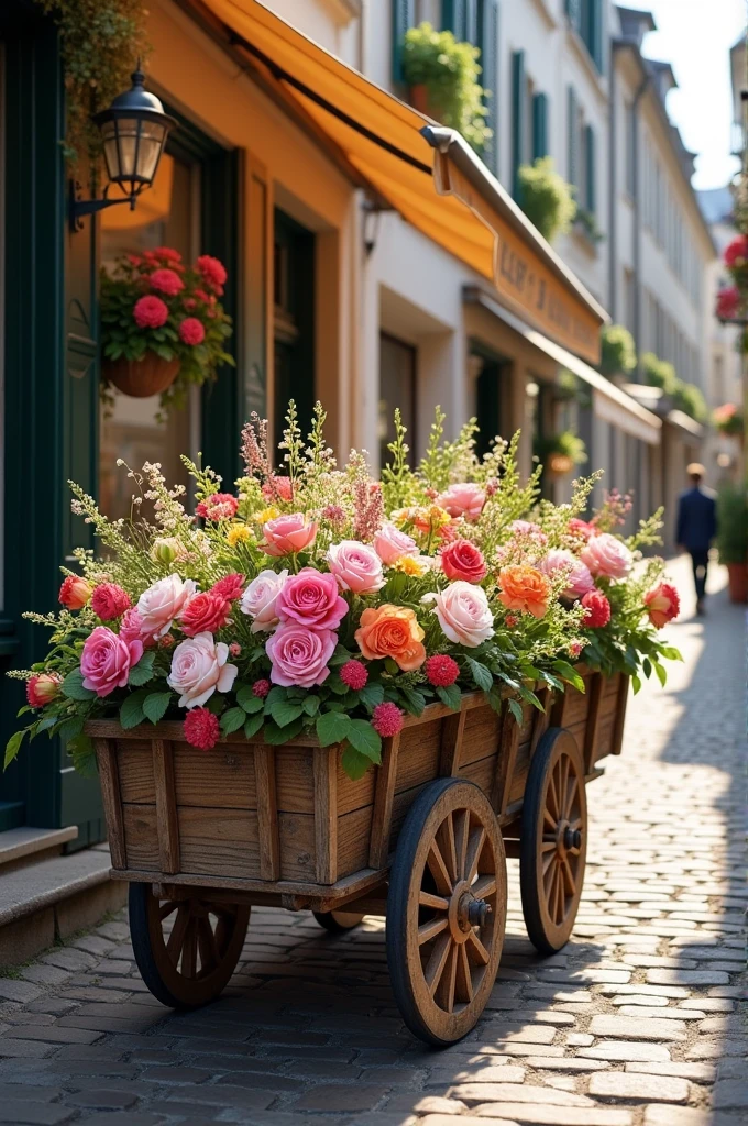 Wooden cart with lots of flowers on an old sidewalk in France 