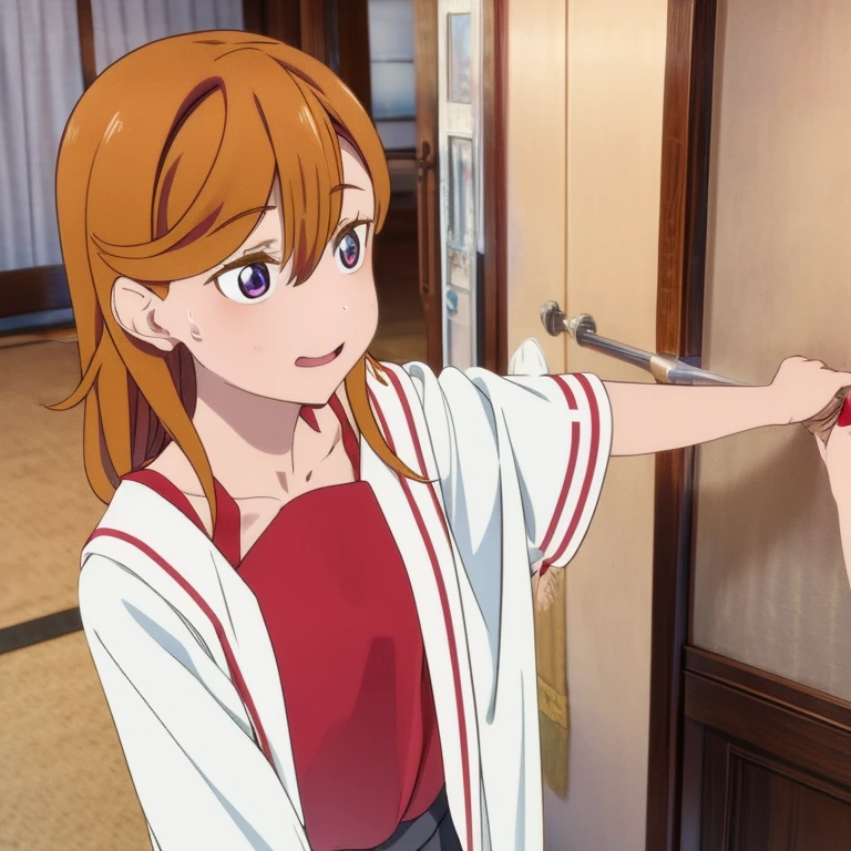 schoolgirl,, (Masterpiece), (Best quality), Detailed eyes, Beautiful hands, straight hands, Shiny hair, Light blonde hair, Long hair, Straight hair, reddish orange eyes. full bodyesbian, Sweaty, Small breasts,With a figure,裸露的女生,No clothes
