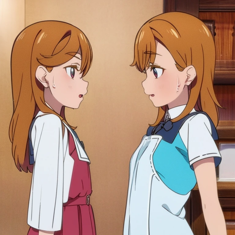 schoolgirl,, (Masterpiece), (Best quality), Detailed eyes, Beautiful hands, straight hands, Shiny hair, Light blonde hair, Long hair, Straight hair, reddish orange eyes. full bodyesbian, Sweaty, Small breasts,With a figure,裸露的女生,No clothes