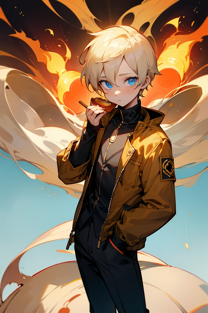 Without it, Undertale, One boy, fire, goldern Without it, Burning eyes, gaster blaster, Shine, ((Shine eye)), blue eyes, Put your hands in your pockets, Food, Fooded Jacket, Foodie, Jacket, View your viewers, Men&#39;s Center, Shorts, skeleton, skull, slipper, smile, cigarette, alone, fire花,  