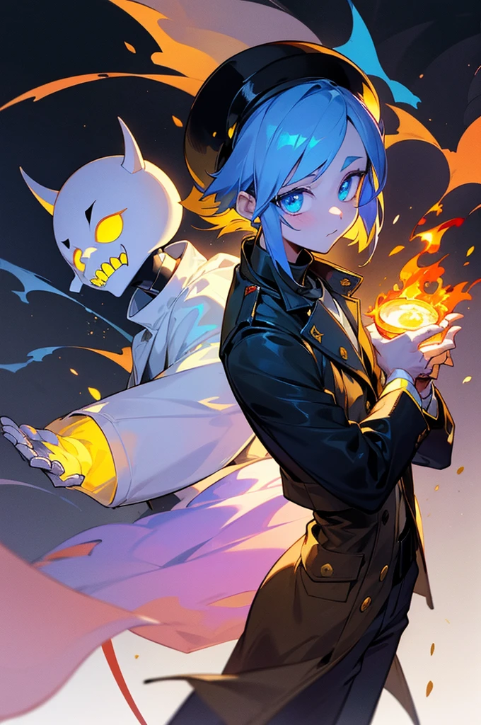 Without it, Undertale, One boy, fire, goldern Without it, Burning eyes, gaster blaster, Shine, ((Shine eye)), blue eyes, Put your hands in your pockets, Food, Fooded Jacket, Foodie, Jacket, View your viewers, Men's Center, Shorts, skeleton, skull, slipper, smile, cigarette, alone, fire花,