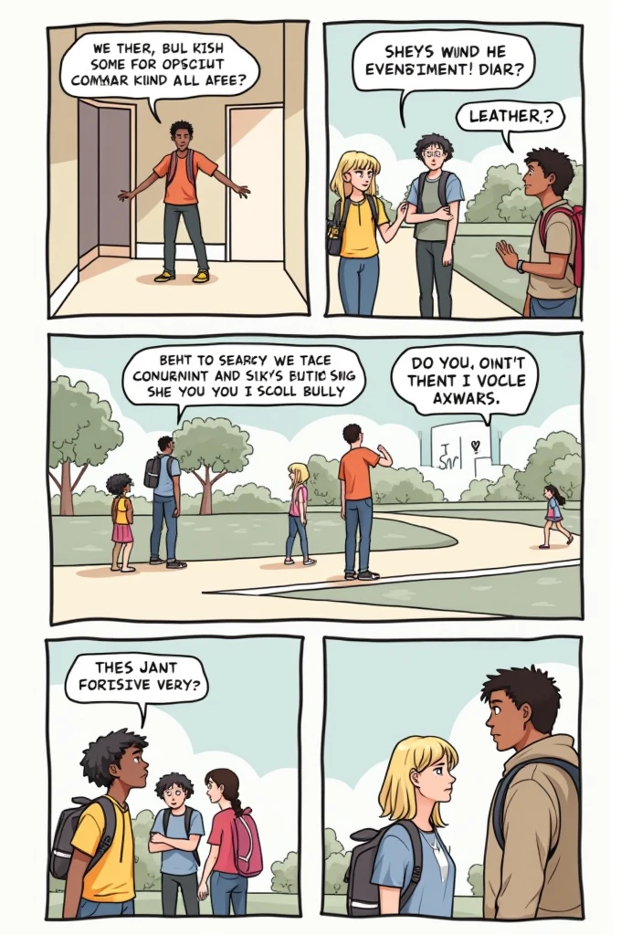 Make a comic tour with texts in balloons that deals with bullying in 4 frames that are not too long and that are simple drawings