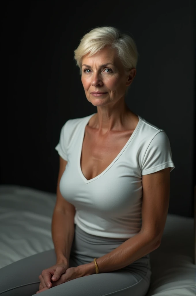An older woman with short, blonde hair is seated, wearing a fitted white V-neck shirt and light grey leggings. She has a confident expression, with her hands resting on her thighs. The background is dark, emphasizing her figure.
