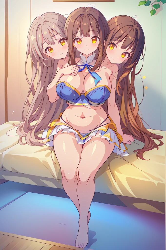 (masterpiece, best quality), best quality, (ultra-detailed), ((3heads:1.5)), 1girl, (star sapphire:1.3), masterpiece, best quality, ultra quality, ultra resolution, ultra detail, white top, crop top, ((stomach)), midriff, ((groin)), open midriff, white and blue skirt, miniskirt, normal ears, shackles, dark brown hair, ((brunette)), very long hair, wavy hair, sidelocks, yellow eyes, detailed eyes, parted lips, fairy wings, sweat, cute, open belly, toned belly, hand on own chest, eyelashes, (24 year old woman:1.3), (masterpiece:1.5), (best quality:1.5), (beautiful detailed), extremely detailed CG, extremely delicate and beautiful, depth of field, (finely detailed face), (perfect details:1.2), (mature female:1.3), wide pelvis, slender, large veiny breast, 16k resolution, highres, high quality, high definition, extremely detailed, masterpiece, dark brown hair, long hair, alluring presence, smiling, short skirt, miniskirt, close up, very big tits, huge breasts, young, blue ribbon attached to the hair, butterfly-shaped wings, open belly, midriff, nsfw, bare stomach, girl with three heads, three headed girl,