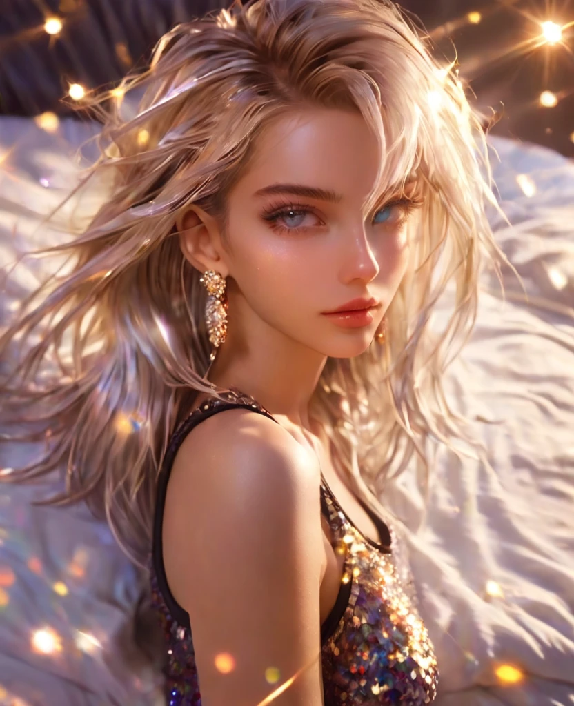 8K,gal,an extremely delicate and beautiful,Beautiful and realistic skin,Shiny jewel-like earrings,Bedhead,like glitter white hair,,beautiful eyes,Fashion Model,full body,tanktop,shortshorts