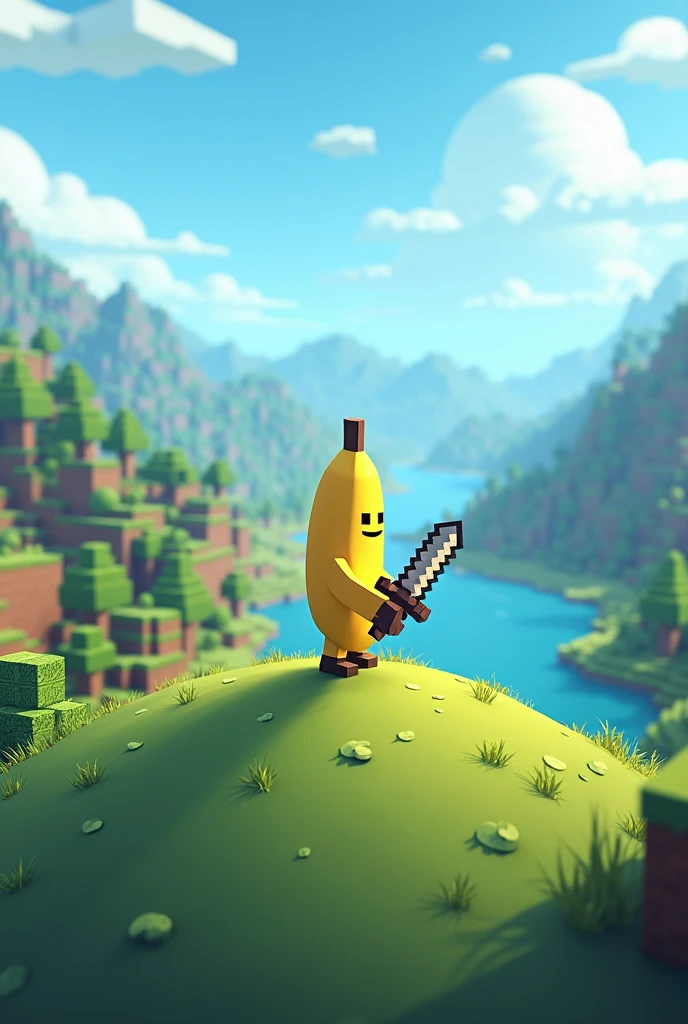 Create a minecraft landscape in which there is a banana character with a sword , looking at the horizon waiting to see what awaits him
