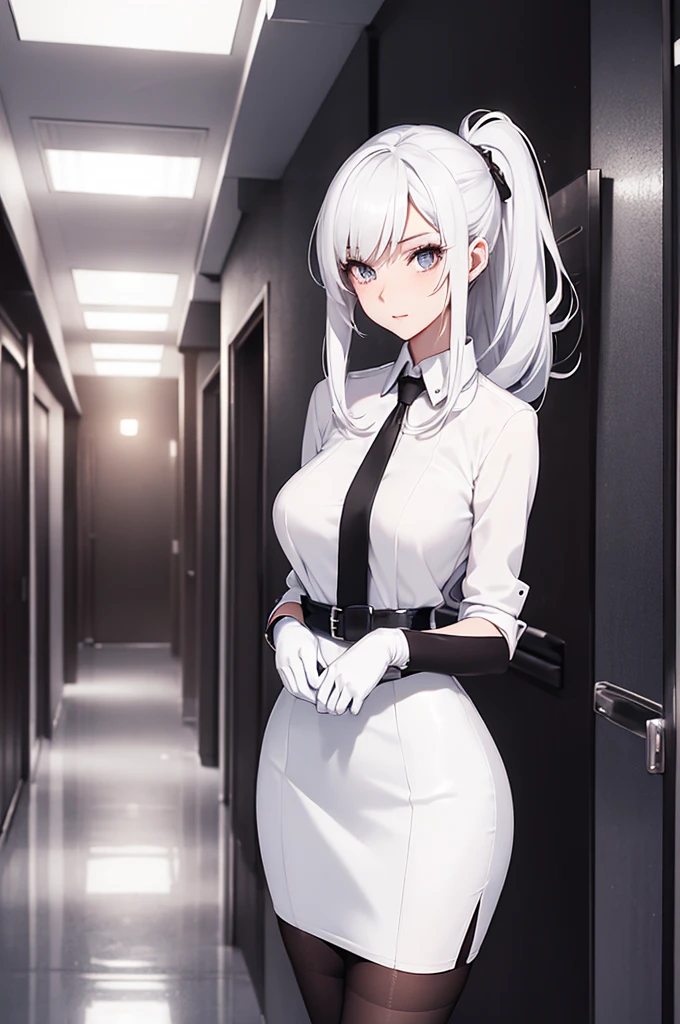 Young Beautiful, anime, {20 year old} adult woman, tall, slender woman, white hair, white business shirt,pencil skirt, long black stockings, black gloves {gloves fully covering hands} large breasts, Seductive and erotic woman, happily looking at viewer. Lone Hallway background