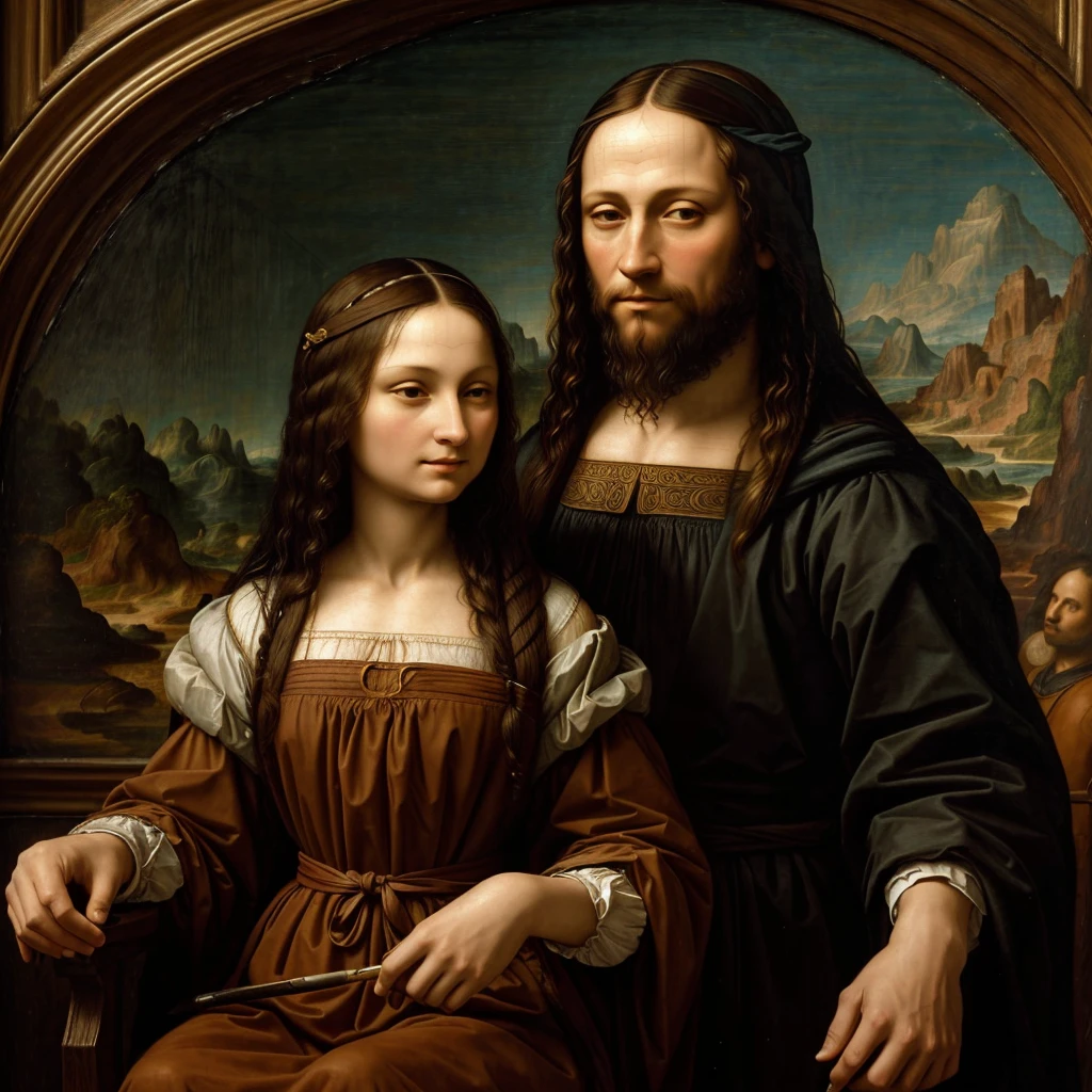 

Scene with two characters, an old man and a woman. Draw this scene in a Renaissance studio softly lit by natural light. In the center of the scene, Mona Lisa stands in front of a large painting. She is wearing a painting apron and is holding a paintbrush., applying paints to the canvas. Her dark hair falls softly over her shoulders, and she is focused on creating a portrait of Leonardo da Vinci.

Leonardo da Vinci sits in a tall carved wooden chair, observing the work of Mona Lisa with an expression of wisdom and tranquility. He has a long white beard and a look of pride and patience., reflecting respect and admiration for the young artist.

The environment should reflect the Renaissance atmosphere with rich tapestries on the walls and shelves full of books and scrolls.. The soft light coming through the arched windows should create an ethereal effect in the scene., highlighting the interaction between the two artists.

---