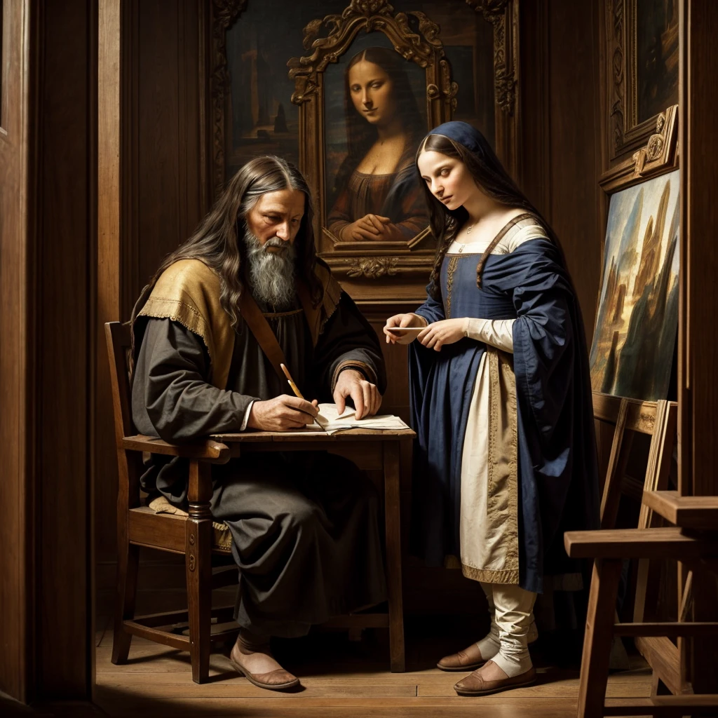 

Scene with two characters, an old man and a woman. Draw this scene in a Renaissance studio softly lit by natural light. In the center of the scene, Mona Lisa stands in front of a large painting. She is wearing a painting apron and is holding a paintbrush., applying paints to the canvas. Her dark hair falls softly over her shoulders, and she is focused on creating a portrait of Leonardo da Vinci.

Leonardo da Vinci sits in a tall carved wooden chair, observing the work of Mona Lisa with an expression of wisdom and tranquility. He has a long white beard and a look of pride and patience., reflecting respect and admiration for the young artist.

The environment should reflect the Renaissance atmosphere with rich tapestries on the walls and shelves full of books and scrolls.. The soft light coming through the arched windows should create an ethereal effect in the scene., highlighting the interaction between the two artists.

---