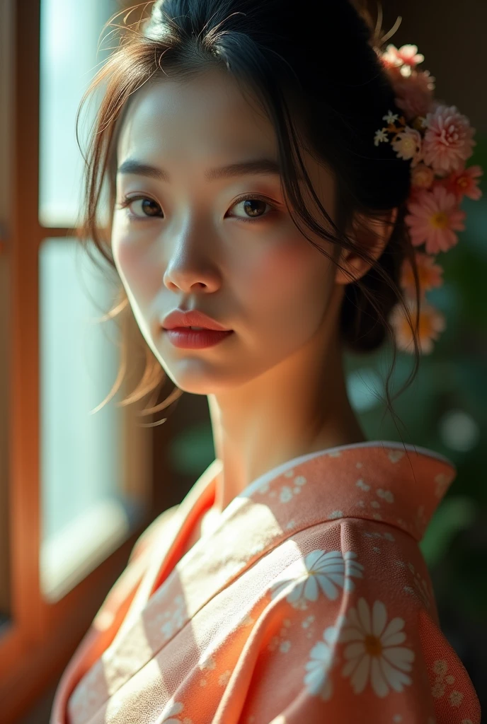 An elegantly dressed Japanese woman in natural light、A close-up of her chest and calm expression.、It shows her inner peace and outer charm.。