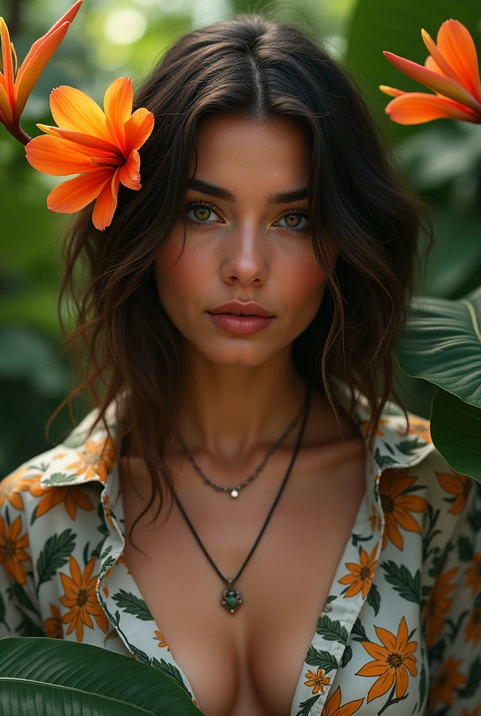 A Brazilian woman in a lush tropical garden, wearing an open shirt with a floral print, with a close-up capturing the harmonious beauty between her breasts and the natural flowers, showing off your natural charm and outgoing personality.