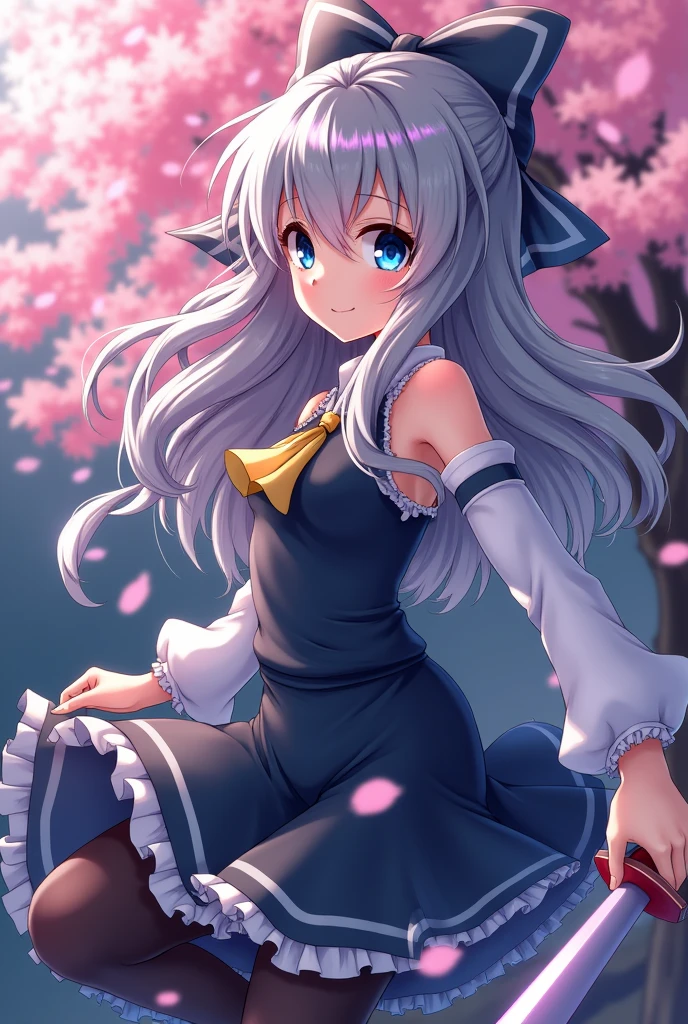 (((masterpiece))),(((Highest quality))),((Very detailed)),(shape),(Dynamic Angle), ((Touhou Project)),(A slim body),((Disheveled Hair)), (((Voluptuous Body))),(((He smiles lightly and unleashes his sword technique.))), ((Girl wearing black tights)), (((View from the front))),((Beautifully detailed body)),((side、Shoulders are exposed)),(((Mysterious and sparkling blue eyes)))Gray Hair, ((Colorful Hair)),((Striped and long hair)), Beautiful attention to detail,(Gradient color eyes),(((Delicate eyes))), (((background))),(((High saturation))),(((Konpaku Youmu))),(((In front of cherry blossoms in the night view))