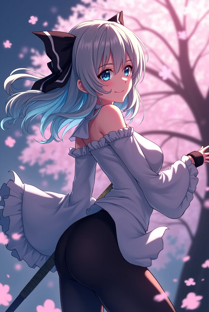(((masterpiece))),(((Highest quality))),((Very detailed)),(shape),(Dynamic Angle), ((Touhou Project)),(A slim body),((Disheveled Hair)), (((Voluptuous Body))),(((He smiles lightly and unleashes his sword technique.))), ((Girl wearing black tights)), (((View from the front))),((Beautifully detailed body)),((side、Shoulders are exposed)),(((Mysterious and sparkling blue eyes)))Gray Hair, ((Colorful Hair)),((Striped and long hair)), Beautiful attention to detail,(Gradient color eyes),(((Delicate eyes))), (((background))),(((High saturation))),(((Konpaku Youmu))),(((In front of cherry blossoms in the night view))