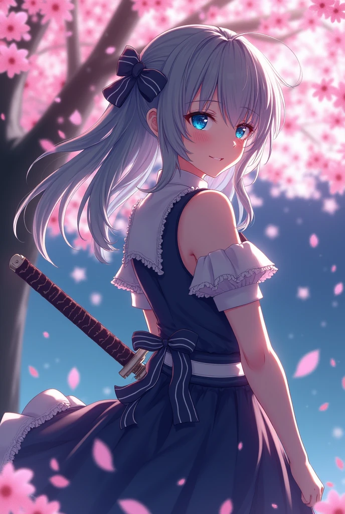 (((masterpiece))),(((Highest quality))),((Very detailed)),(shape),(Dynamic Angle), ((Touhou Project)),(A slim body),((Disheveled Hair)), (((Voluptuous Body))),(((He smiles lightly and unleashes his sword technique.))), ((Girl wearing black tights)), (((View from the front))),((Beautifully detailed body)),((side、Shoulders are exposed)),(((Mysterious and sparkling blue eyes)))Gray Hair, ((Colorful Hair)),((Striped and long hair)), Beautiful attention to detail,(Gradient color eyes),(((Delicate eyes))), (((background))),(((High saturation))),(((Konpaku Youmu))),(((In front of cherry blossoms in the night view))