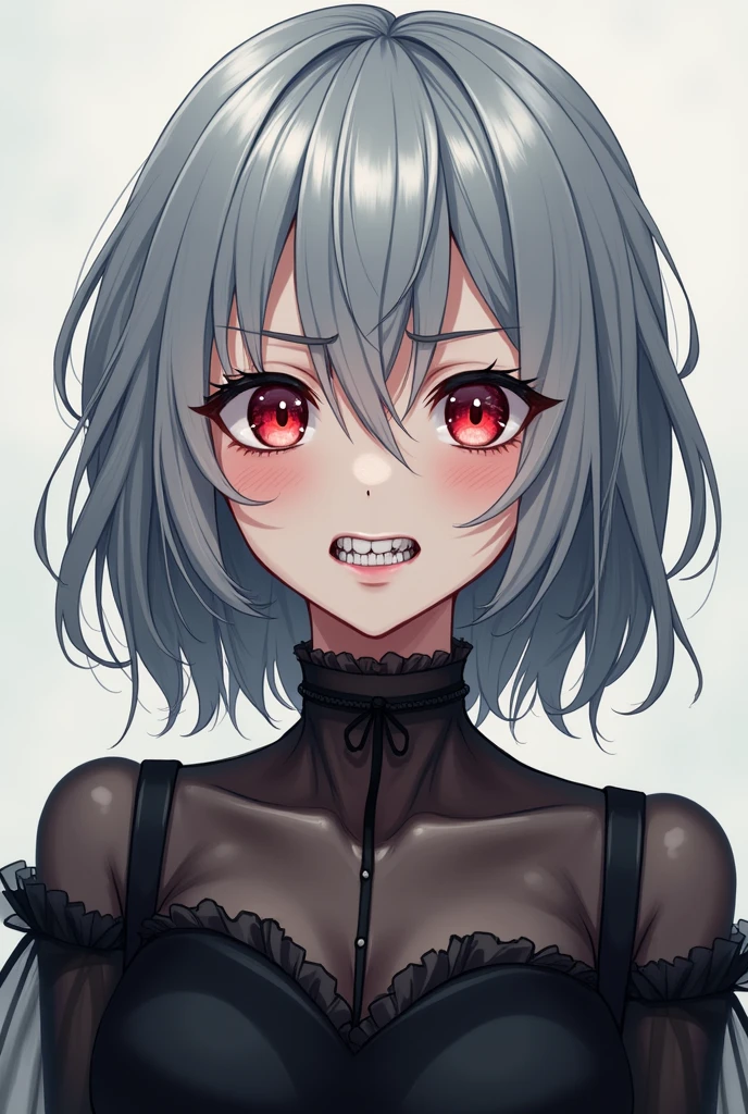 anime,Gray Hair,Gums showing,Black Dress,Young