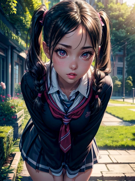 a schoolgirl bending over, panty visible, beautiful detailed eyes, beautiful detailed lips, extremely detailed face, long eyelashes, slim body, pigtails hair, school uniform, outdoor garden scene, photorealistic, 8k, (best quality:1.2), ultra-detailed, (realistic:1.37), vivid colors, natural lighting, beautiful scenery, intricate details, elegant, dynamic pose, ass view